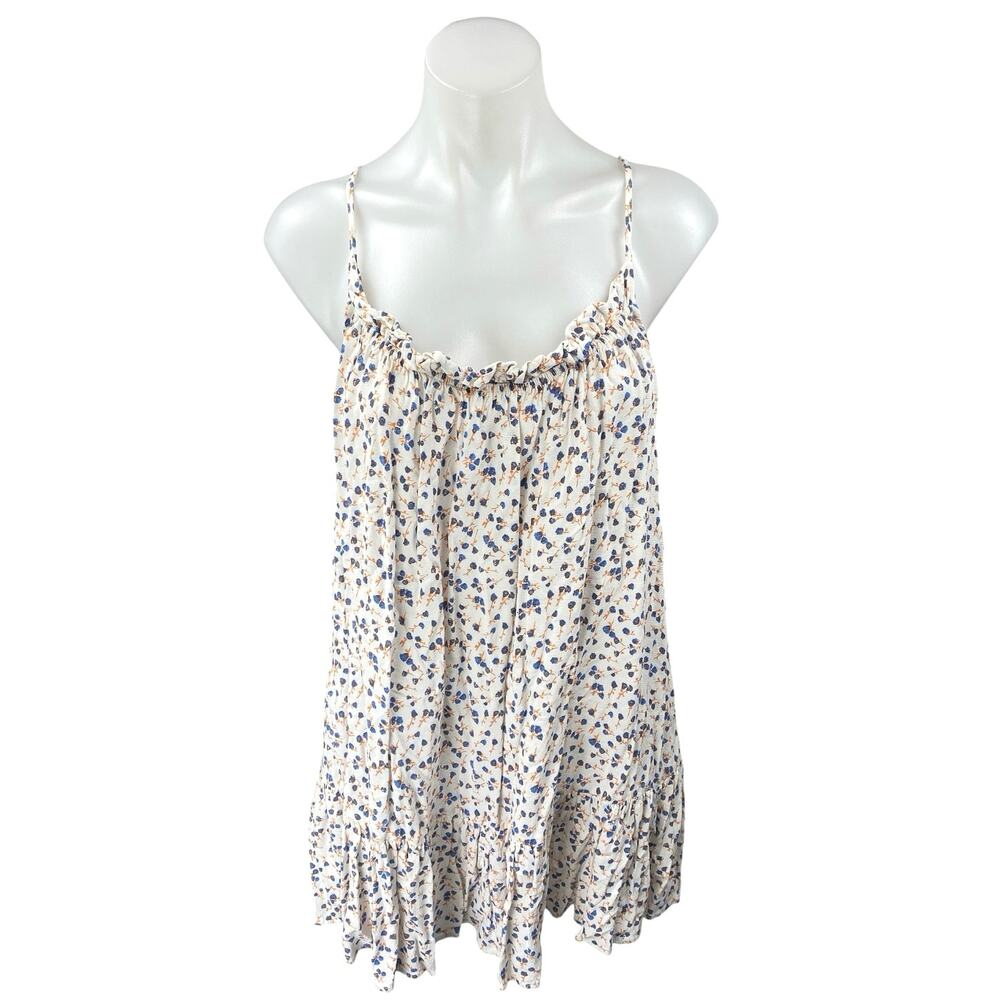 Zara White Blue Floral Sleeveless Scoop Neck Ruffle Cami Tank Mini Dress Size L